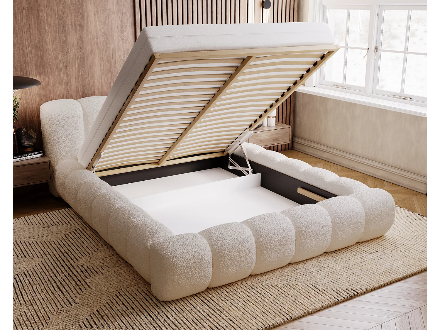 Emporius Lit Rembourré avec Rangement 140x200 Cloud -  Lit coffre, Sommier à Lattes - Lit adulte, Lit double 140x200, tissu bouclé - Beige (Anthology 3)