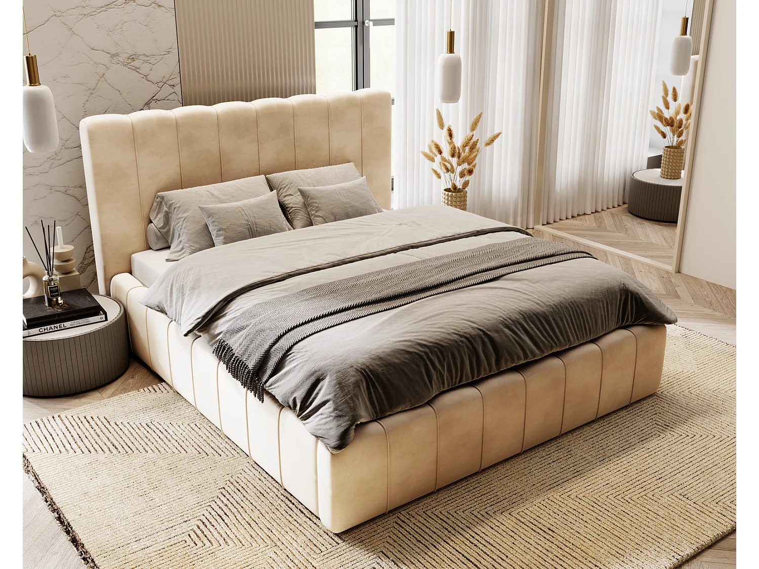 Emporius Lit Capitonné 160x200 Lisbon - Lit avec Sommier à Lattes, Rangement, Tête de Lit - Lit double velvet Beige (Magic Velvet 2201)