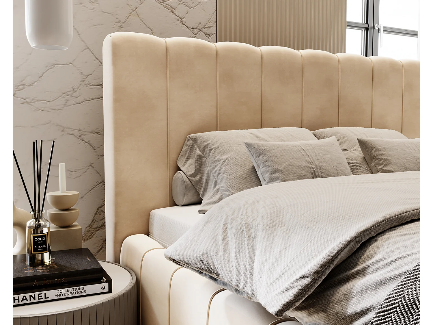 Emporius Lit Capitonné 160x200 Lisbon - Lit avec Sommier à Lattes, Rangement, Tête de Lit - Lit double velvet Beige (Magic Velvet 2201)