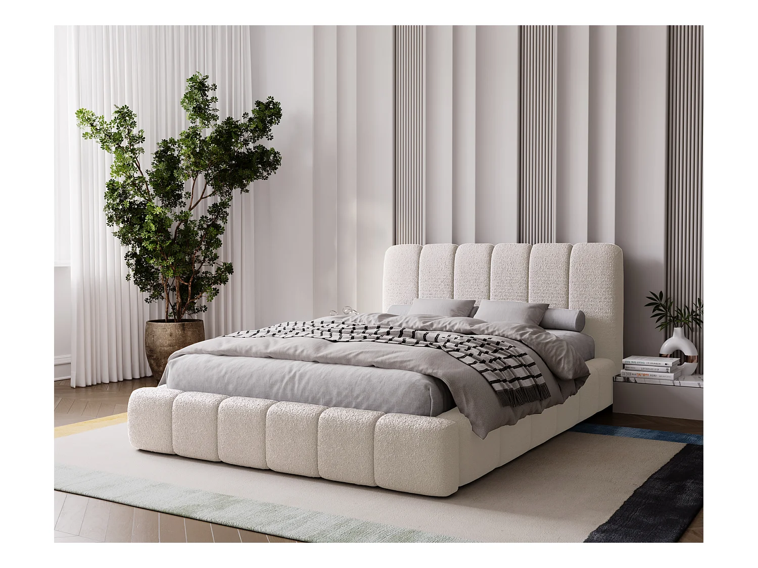 Emporius bed 160x200 Milan Bouclé - opbergruimte, lattenbodem, bedlade - tweepersoonsbed Bouclé - Crème (Anthology 1)