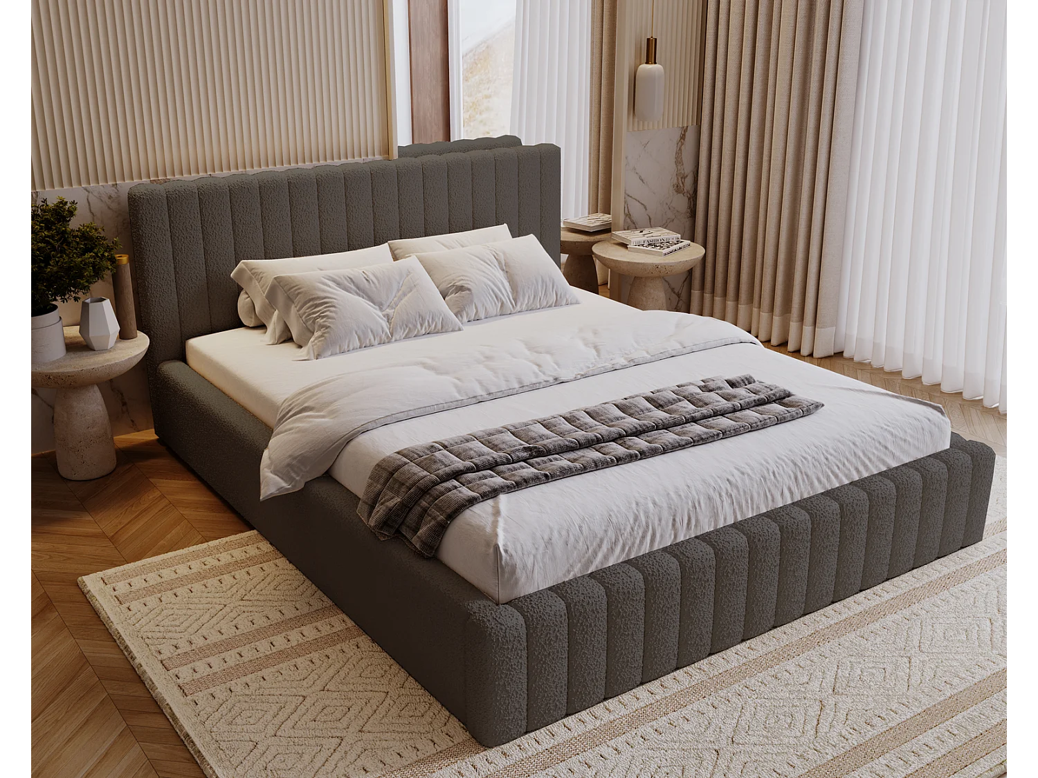 Emporius Gestoffeerd Bed 180x200 Billo - Lattenbodem, Opbergruimte, Beddengoedbox, Hoofdeinde, Bedframe - Tweepersoonsbed - Boucle Donkergrijs (Anthology 18)