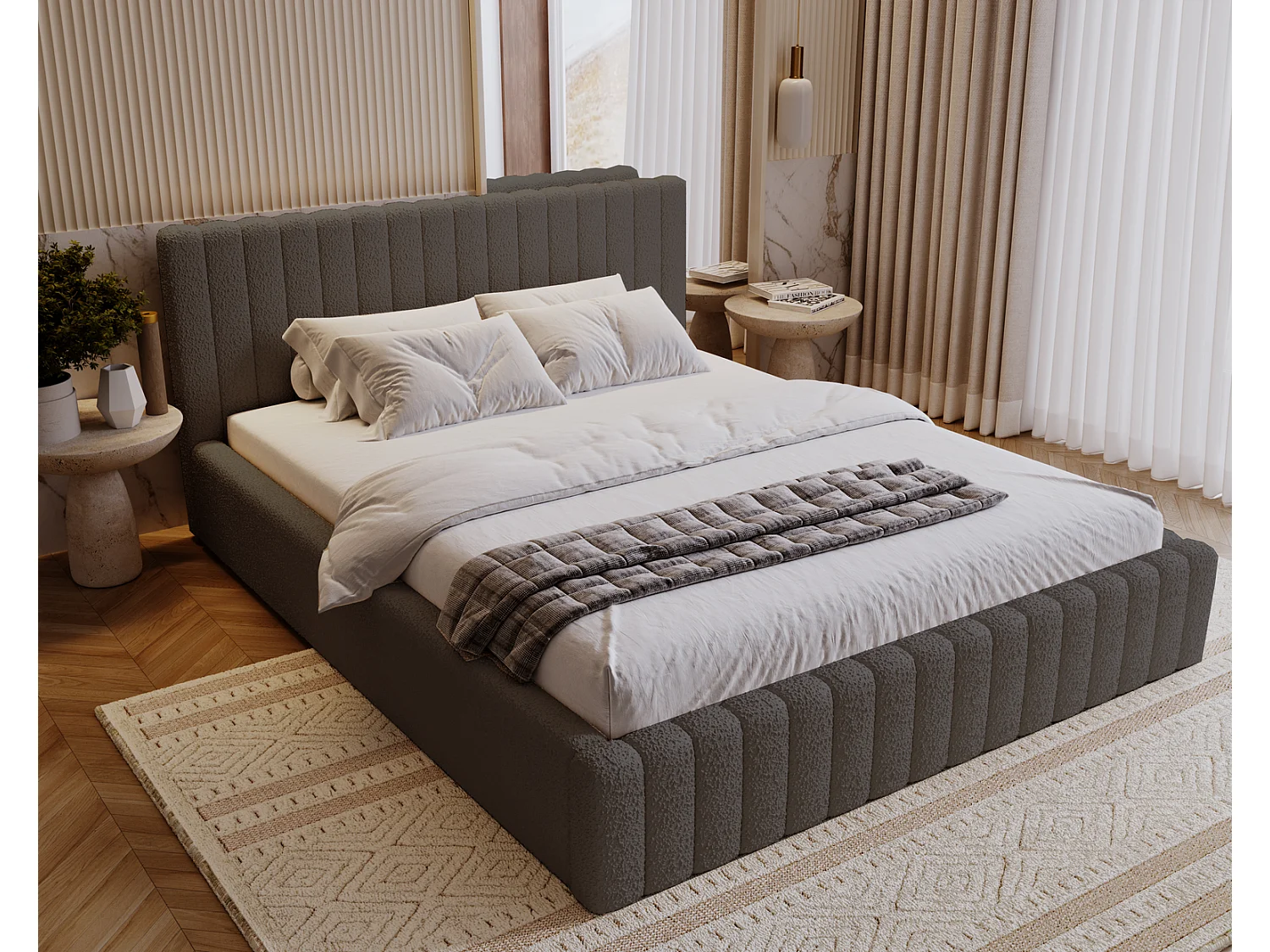 Emporius Lit Rembourré 180x200 cm Billo - lit double avec Rangement, Tête de Lit - Lit adulte, Chambre d'Adolescent - Bouclé Gris foncé (Anthology 18)