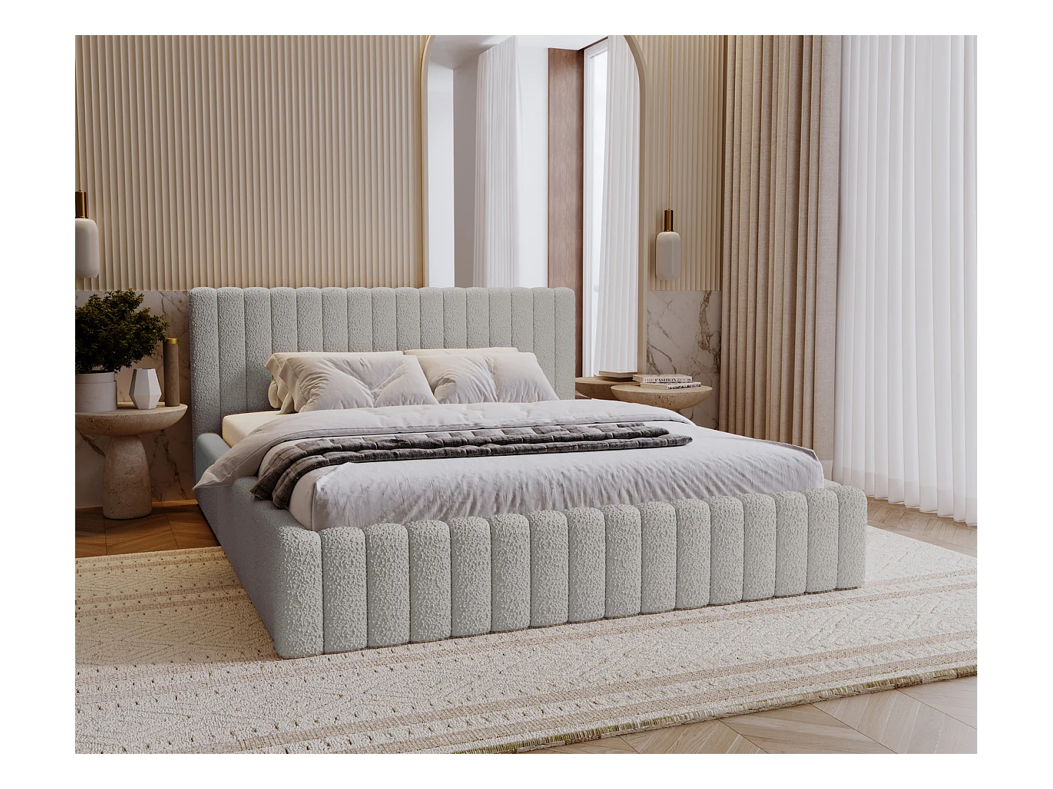 Emporius Lit Rembourré 180x200 cm Billo - lit double avec Rangement, Tête de Lit - Lit adulte, Chambre d'Adolescent - Bouclé Gris clair (Anthology 15)