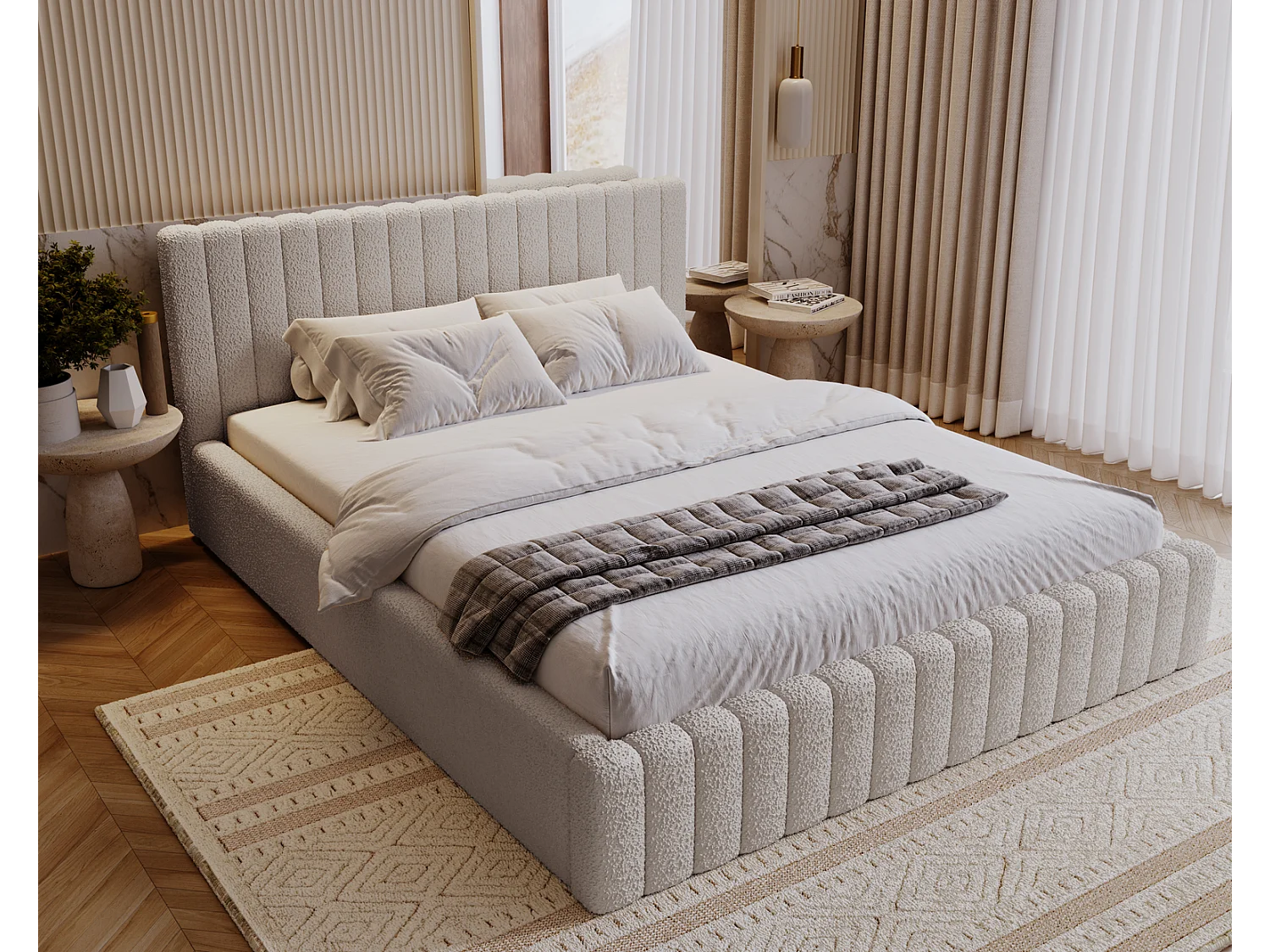 Emporius Gestoffeerd Bed 180x200 Billo - Lattenbodem, Opbergruimte, Beddengoedbox, Hoofdeinde, Bedframe - Tweepersoonsbed - Boucle Lichtgrijs (Anthology 15)