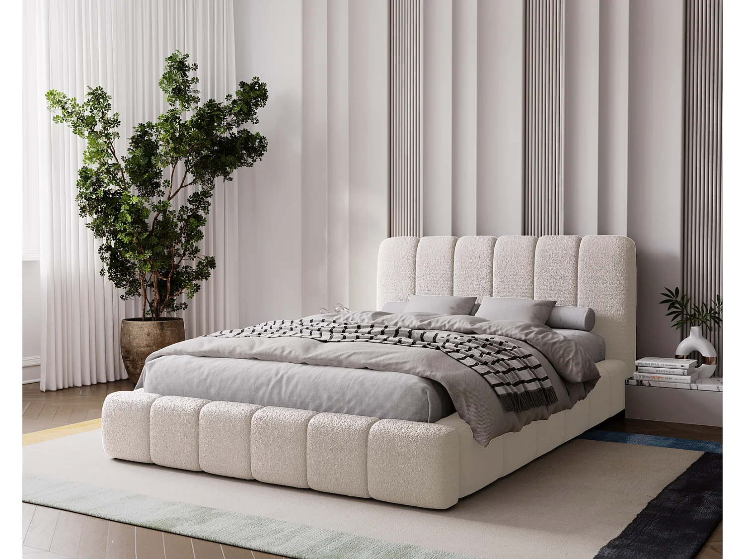 Emporius Lit coffre 200x200 Milan, Lit Rembourré avec Rangement - Lit bouclé Crème (Anthology 1)