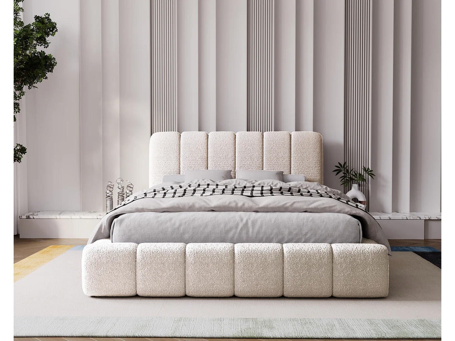 Emporius Lit coffre 200x200 Milan, Lit Rembourré avec Rangement - Lit bouclé Crème (Anthology 1)