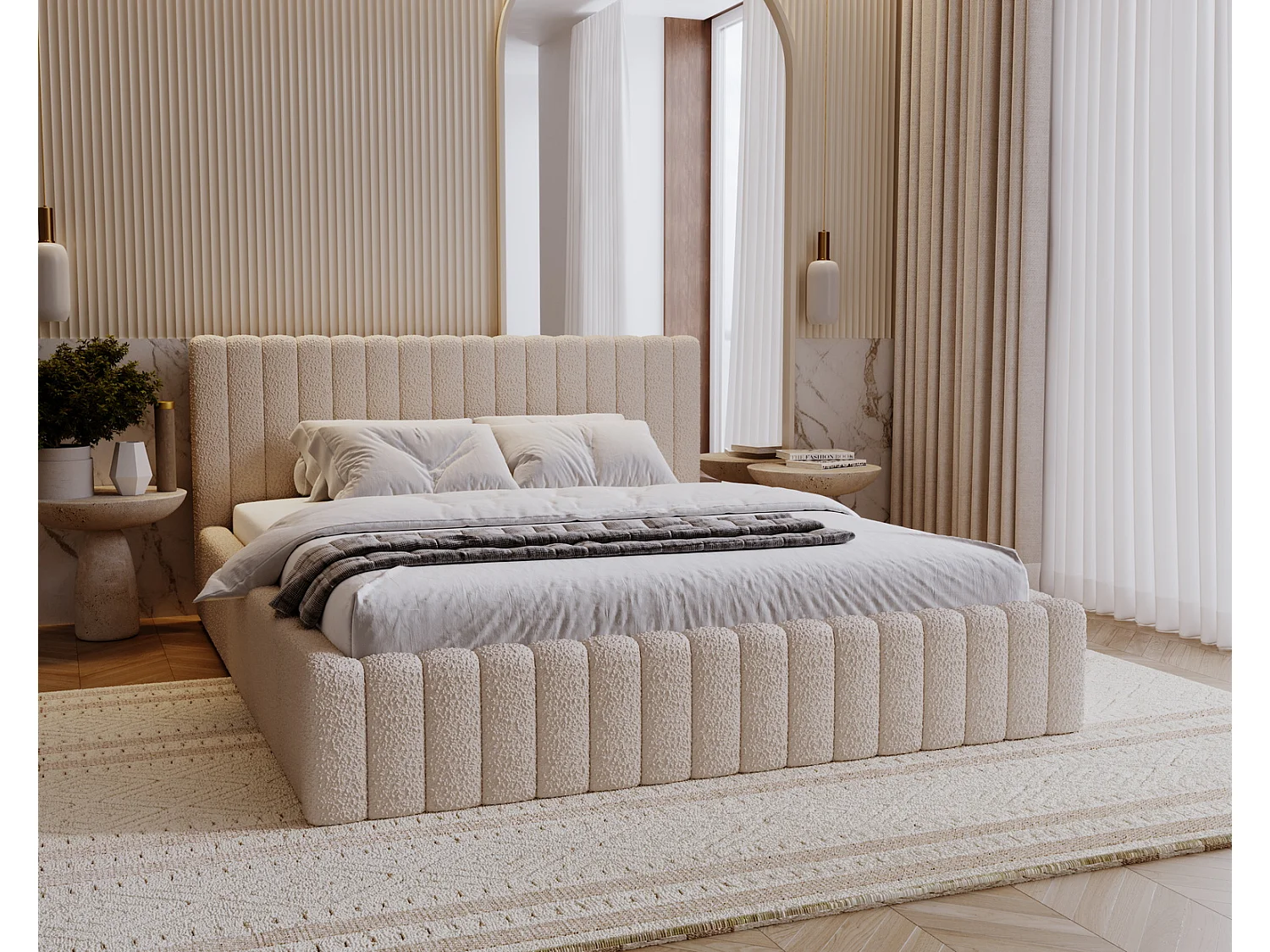 Emporius Polsterbett 160x200 cm Billo - Doppelbett mit Lattenrost und Kopfteil - Stauraum, Bettzeugkasten, Bettkasten - Boucle Beige (Anthology 3)