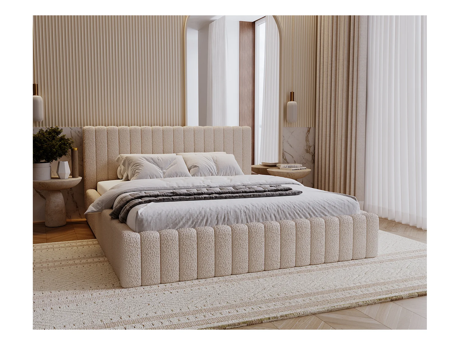 Emporius Lit Rembourré 160x200 cm Billo - lit double avec Rangement, Tête de Lit - Lit adulte, Chambre d'Adolescent - Bouclé Beige (Anthology 3)