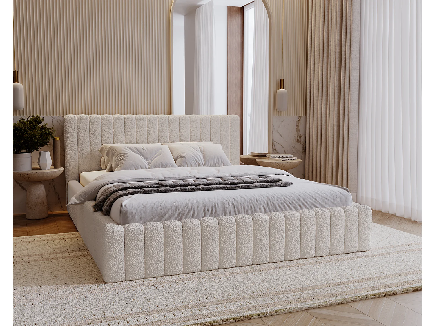 Emporius Gestoffeerd Bed 200x200 Billo - Lattenbodem, Opbergruimte, Beddengoedbox, Hoofdeinde, Bedframe - Tweepersoonsbed - Boucle Crème (Anthology 1)