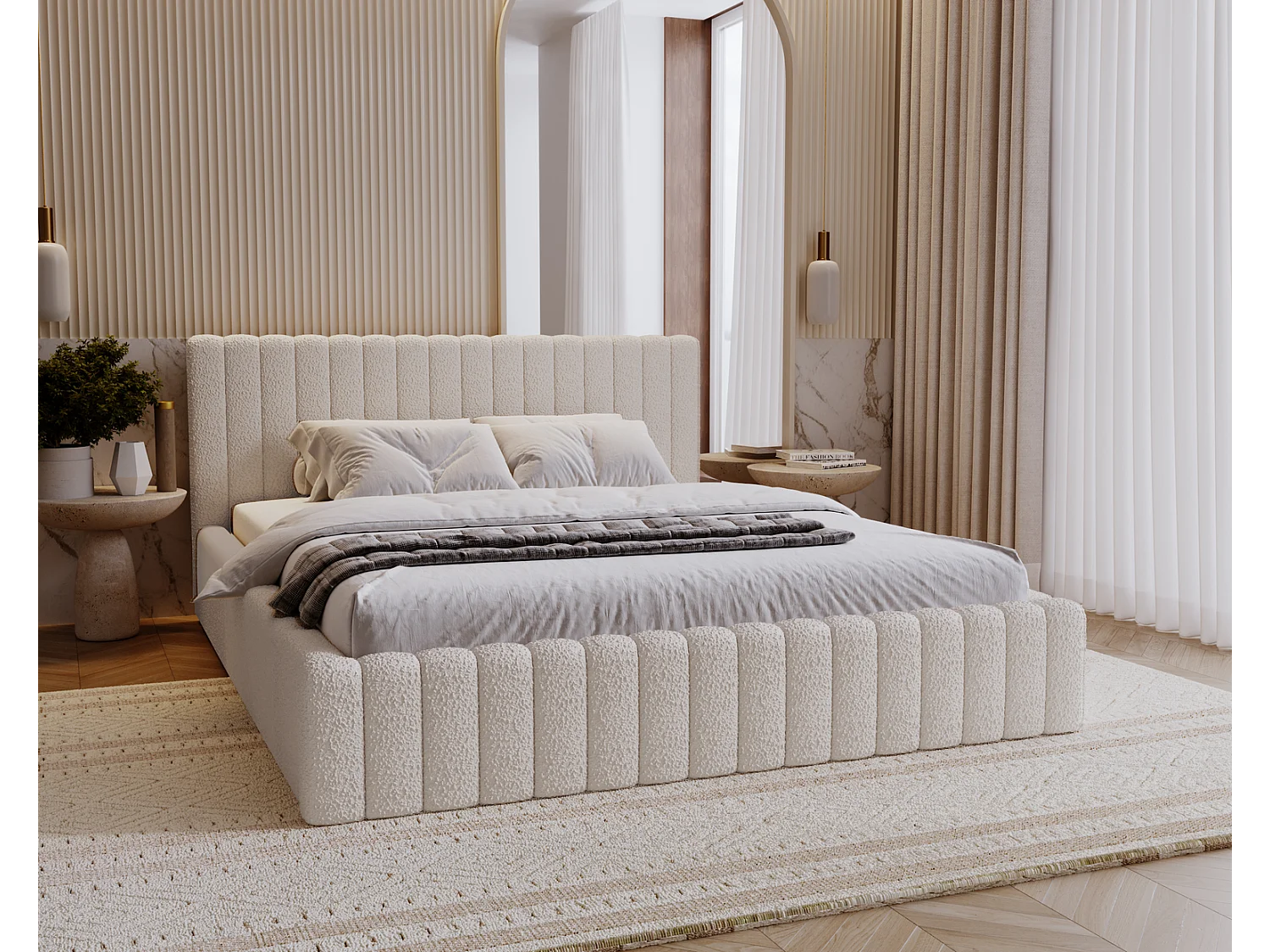 Emporius Polsterbett 200x200 cm Billo - Doppelbett mit Lattenrost und Kopfteil - Stauraum, Bettzeugkasten, Bettkasten - Boucle Creme (Anthology 1)