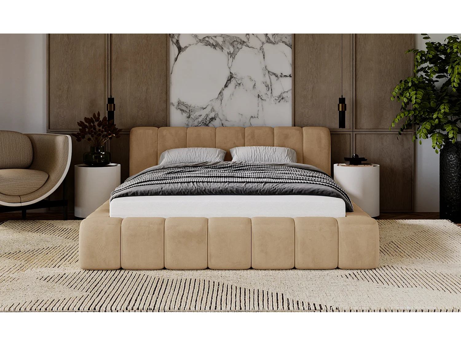 Emporius Lit rembourré 160x200 Bolonia - Lit adulte, lit capitonné, Lit double avec Rangement - Beige foncé (Amor Velvet 4302)