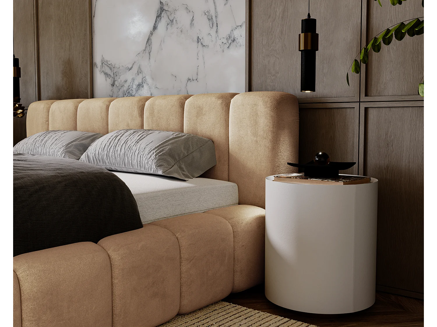 Emporius Lit rembourré 160x200 Bolonia - Lit adulte, lit capitonné, Lit double avec Rangement - Beige foncé (Amor Velvet 4302)