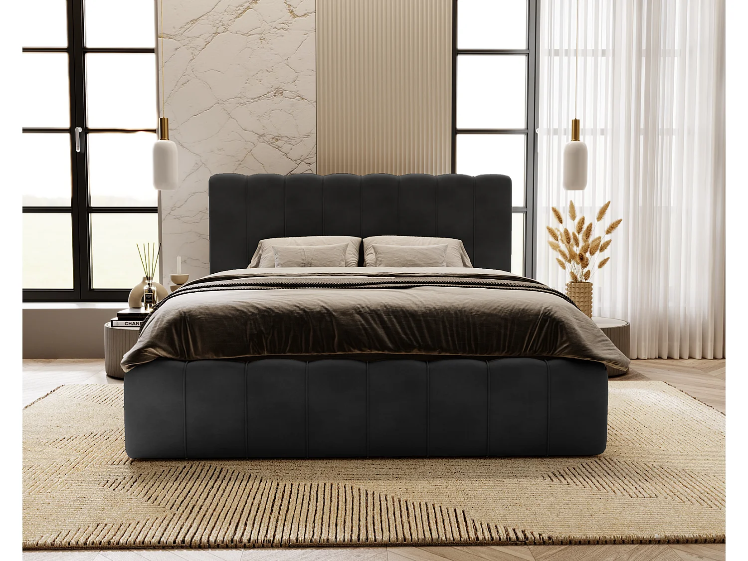 Emporius Lit Capitonné 200x200 Lisbon - Lit avec Sommier à Lattes, Rangement, Tête de Lit - Lit double velvet Noir (Magic Velvet 2219)