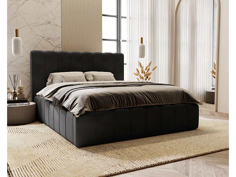 Emporius Gestoffeerd Bed 200x200 Lisbon - bed met opbergruimte, Tweepersoonsbed - Slaapkamer, Tienerkamer - Fluweel Zwart (Magic Velvet 2219)