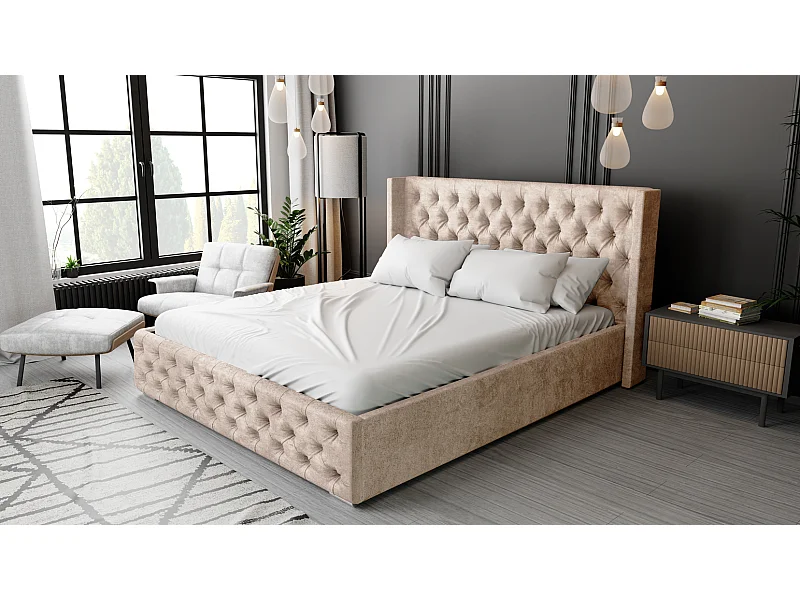 Emporius Lit adulte 140x200 Rolia - Lit double, capitonné - sommier à lattes, rangement, tête de lit - Velvet Beige (Paros 02)