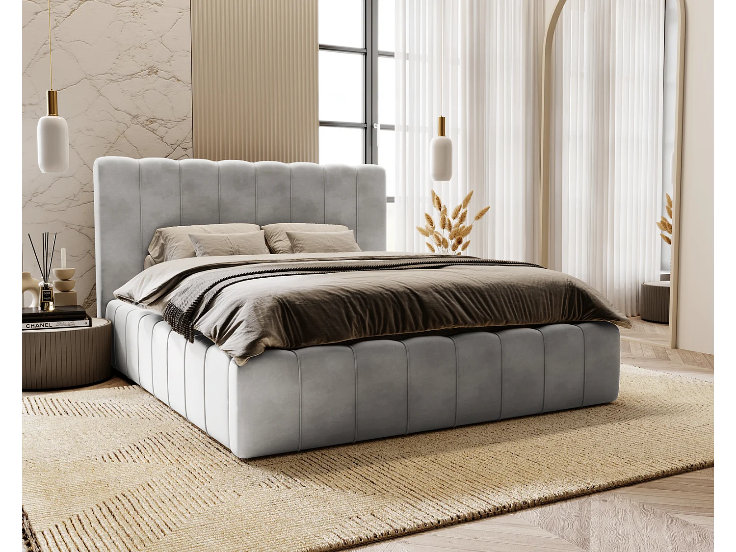 Emporius Gestoffeerd Bed 200x200 Lisbon - bed met opbergruimte, Tweepersoonsbed - Slaapkamer, Tienerkamer - Fluweel Lichtgrijs (Magic Velvet 2218)