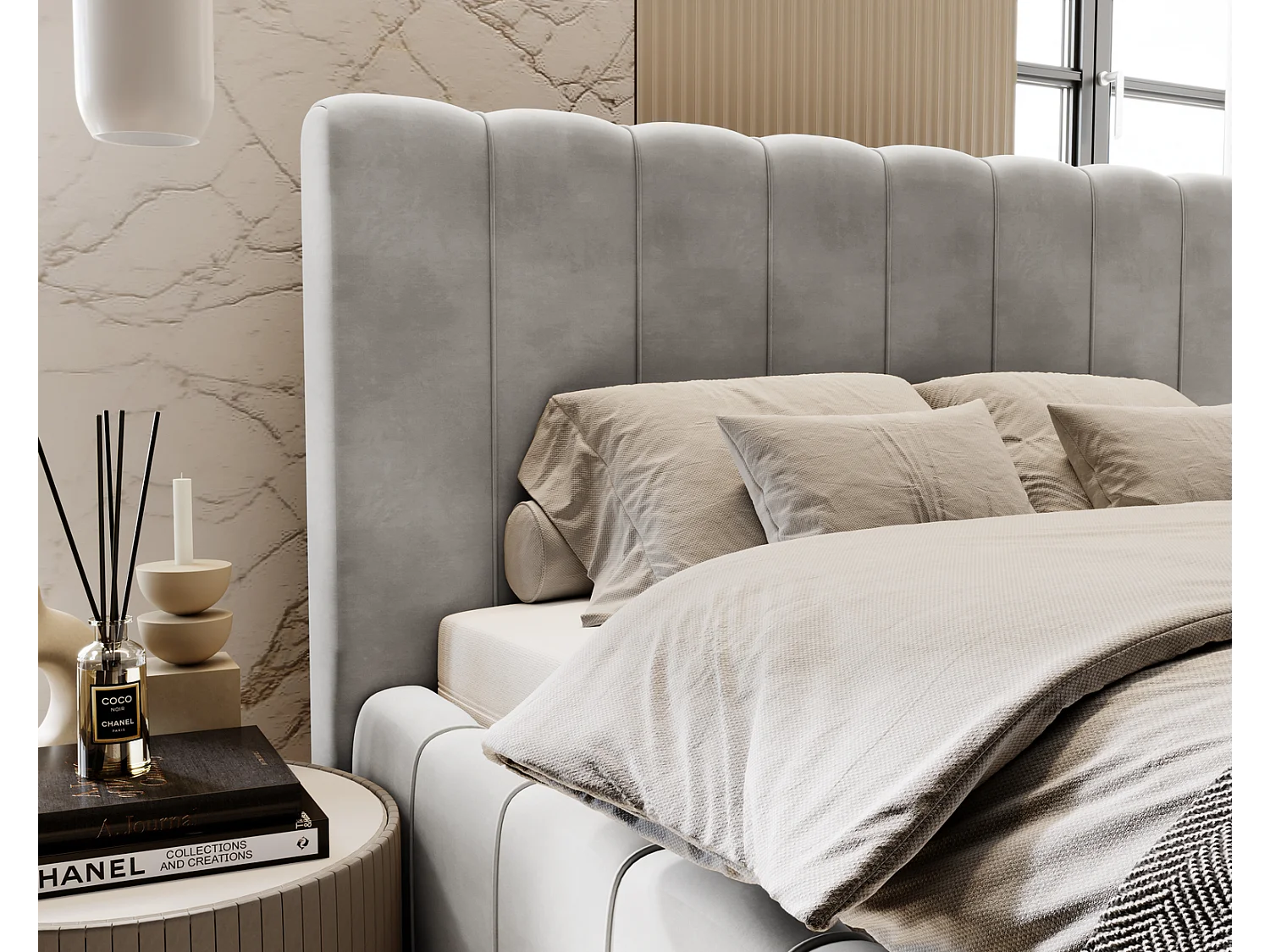 Emporius Gestoffeerd Bed 200x200 Lisbon - bed met opbergruimte, Tweepersoonsbed - Slaapkamer, Tienerkamer - Fluweel Lichtgrijs (Magic Velvet 2218)