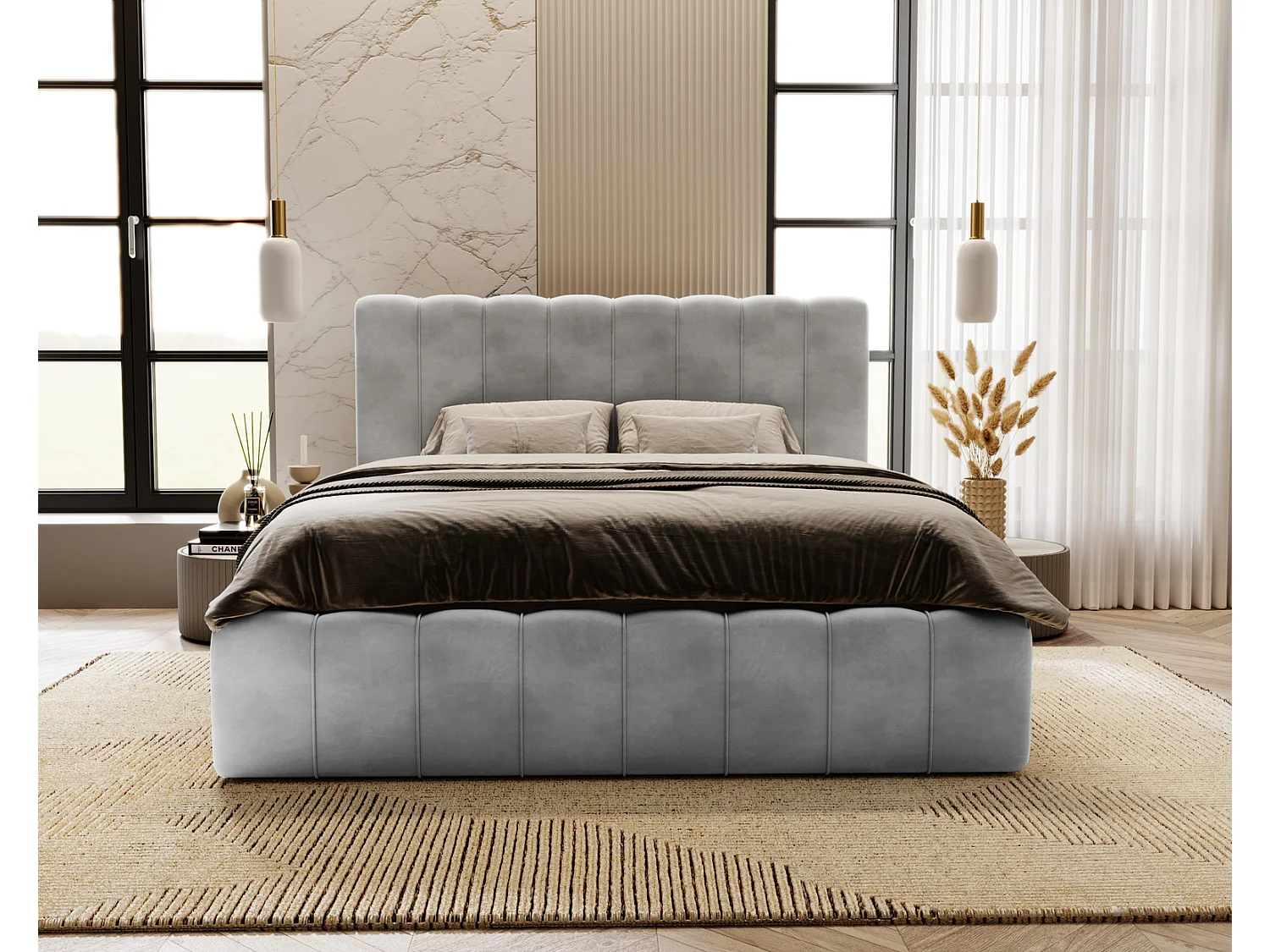 Emporius Lit Capitonné 200x200 Lisbon - Lit avec Sommier à Lattes, Rangement, Tête de Lit - Lit double velvet Gris clair (Magic Velvet 2218)
