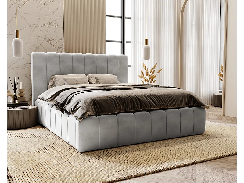 Emporius Lit Capitonné 200x200 Lisbon - Lit avec Sommier à Lattes, Rangement, Tête de Lit - Lit double velvet Gris clair (Magic Velvet 2218)