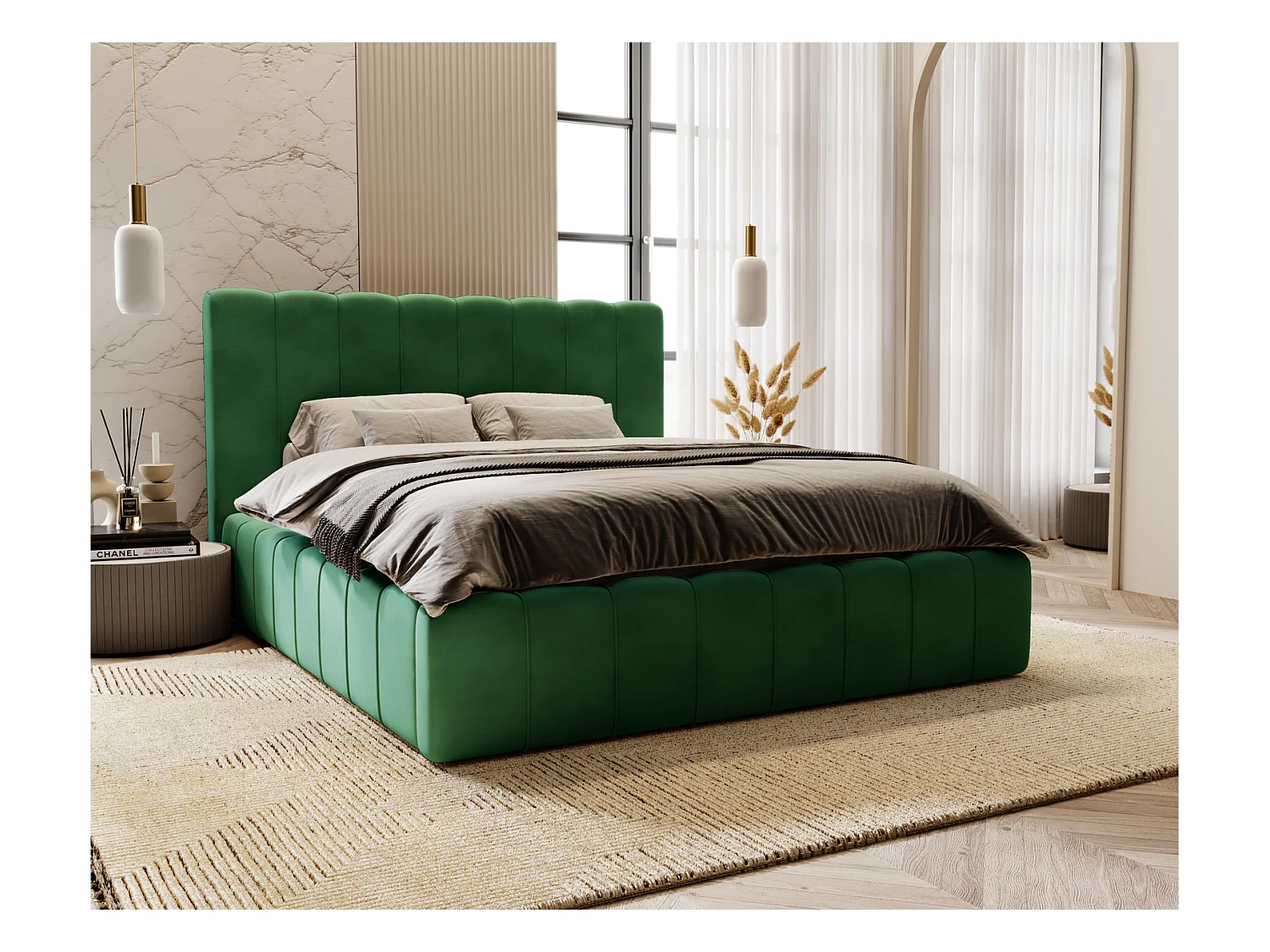 Emporius Lit Capitonné 140x200 Lisbon - Lit avec Sommier à Lattes, Rangement, Tête de Lit - Lit double velvet Vert (Magic Velvet 2225)