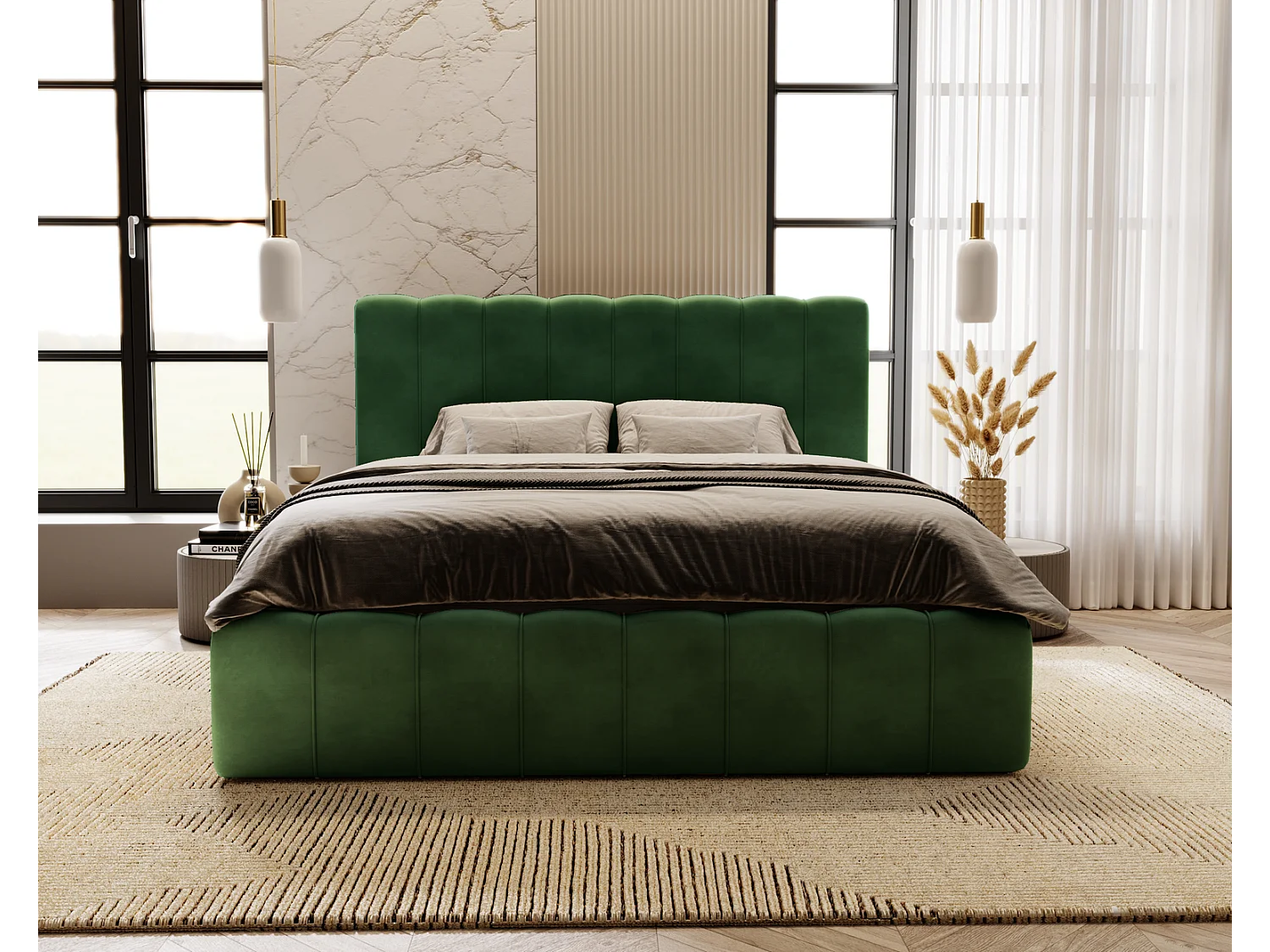 Emporius Polsterbett 140x200cm Lisbon - Bett mit Lattenrost, Bettkasten, Kopfteil - Schlafzimmerbett, doppelbett 140x200 - Velvet Grün (Magic Velvet 2225)