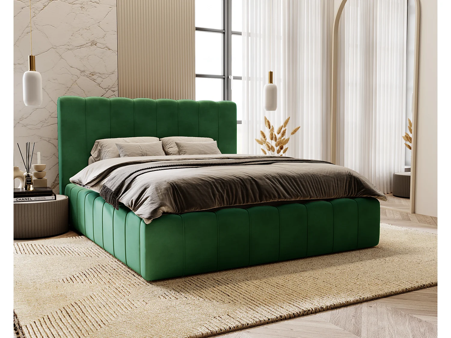Emporius Lit Capitonné 140x200 Lisbon - Lit avec Sommier à Lattes, Rangement, Tête de Lit - Lit double velvet Vert (Magic Velvet 2225)