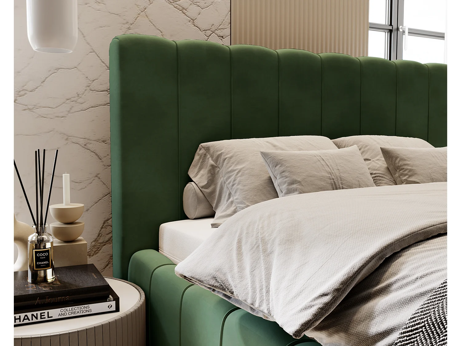 Emporius Lit Capitonné 140x200 Lisbon - Lit avec Sommier à Lattes, Rangement, Tête de Lit - Lit double velvet Vert (Magic Velvet 2225)