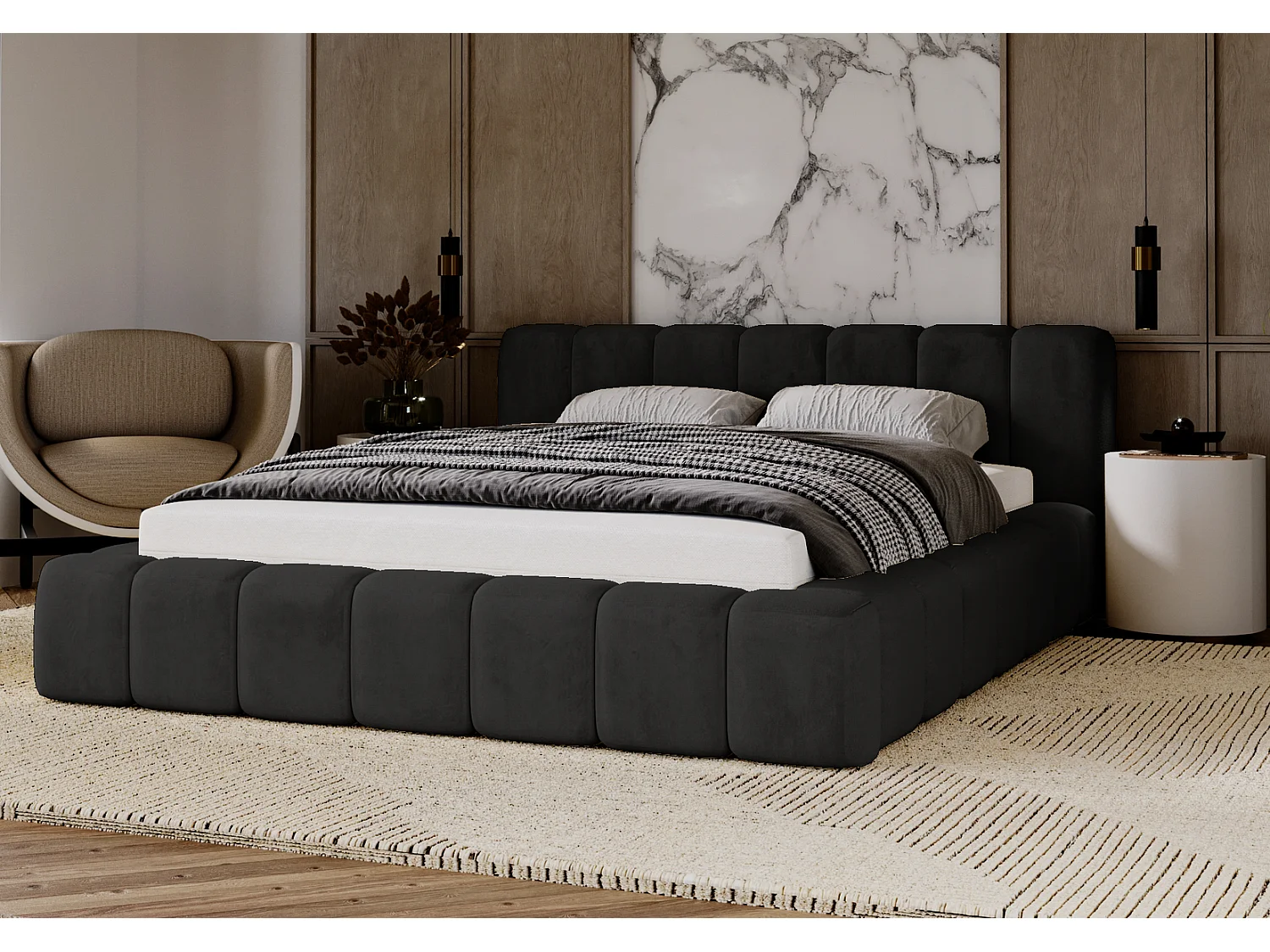 Emporius Lit rembourré 140x200 Bolonia - Lit adulte, lit capitonné, Lit double avec Rangement - Noir (Magic Velvet 2219)