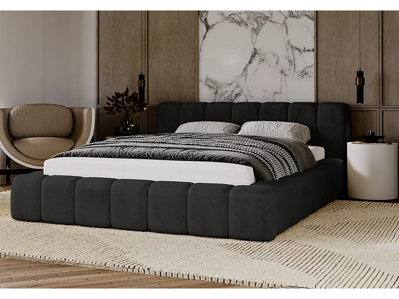 Emporius Lit rembourré 140x200 Bolonia - Lit adulte, lit capitonné, Lit double avec Rangement - Noir (Magic Velvet 2219)