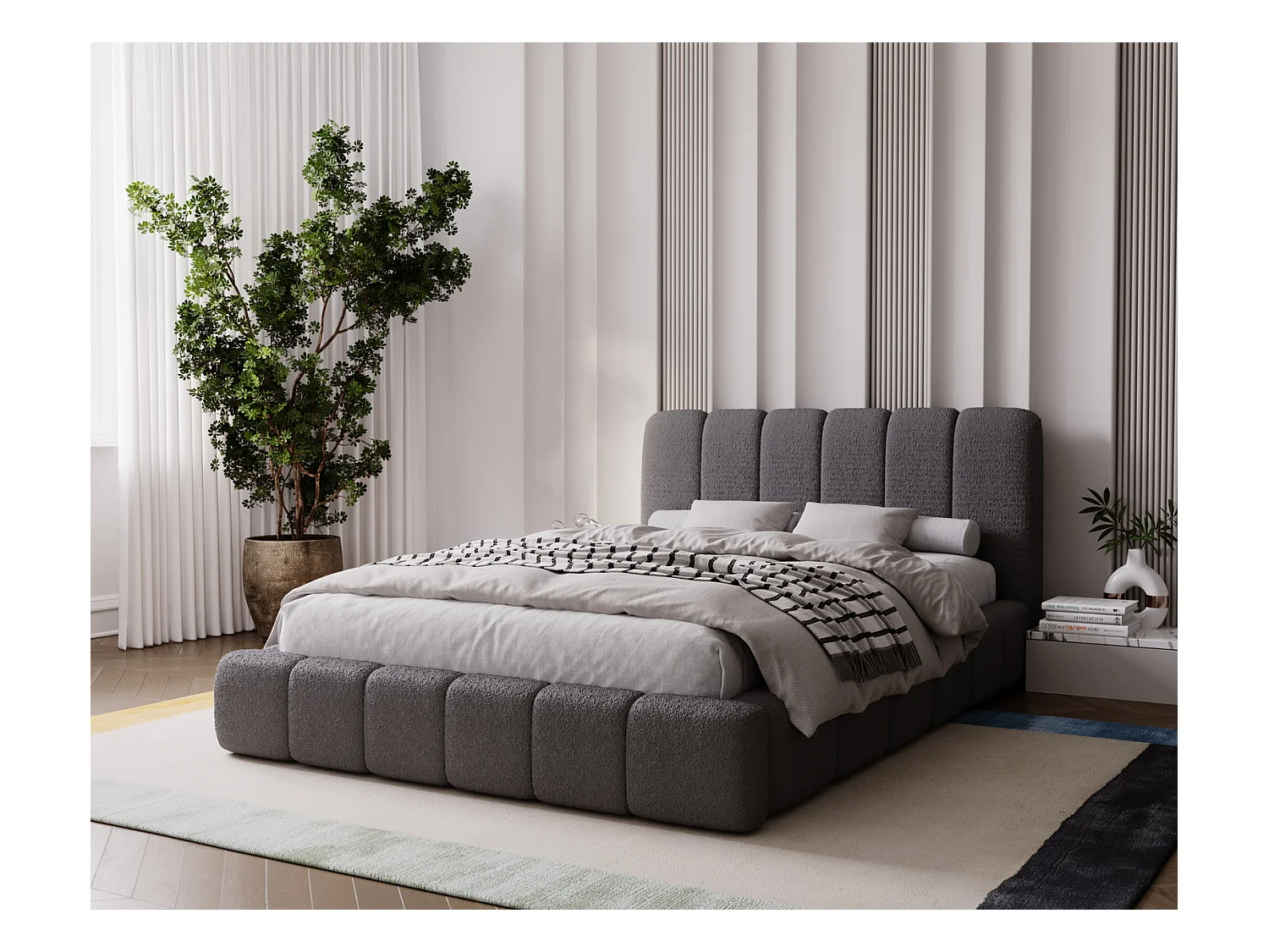 Emporius Lit coffre 160x200 Milan, Lit Rembourré avec Rangement - Lit bouclé Gris foncé (Anthology 18)