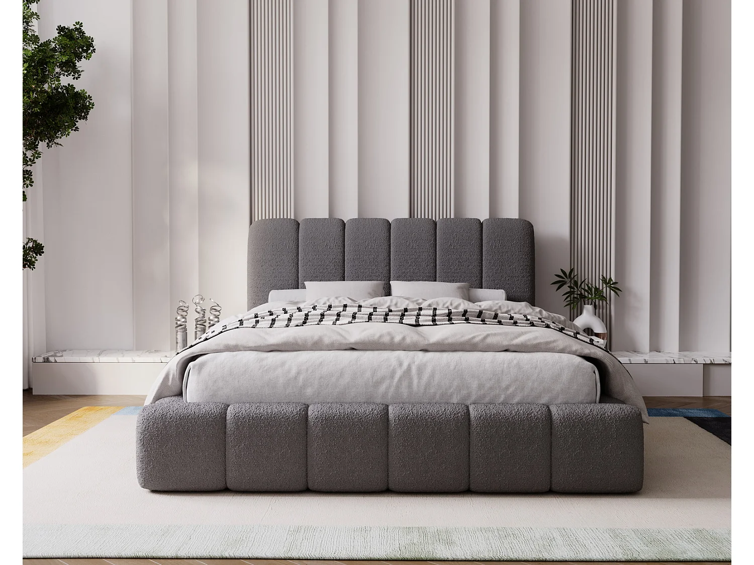 Emporius Lit coffre 160x200 Milan, Lit Rembourré avec Rangement - Lit bouclé Gris foncé (Anthology 18)