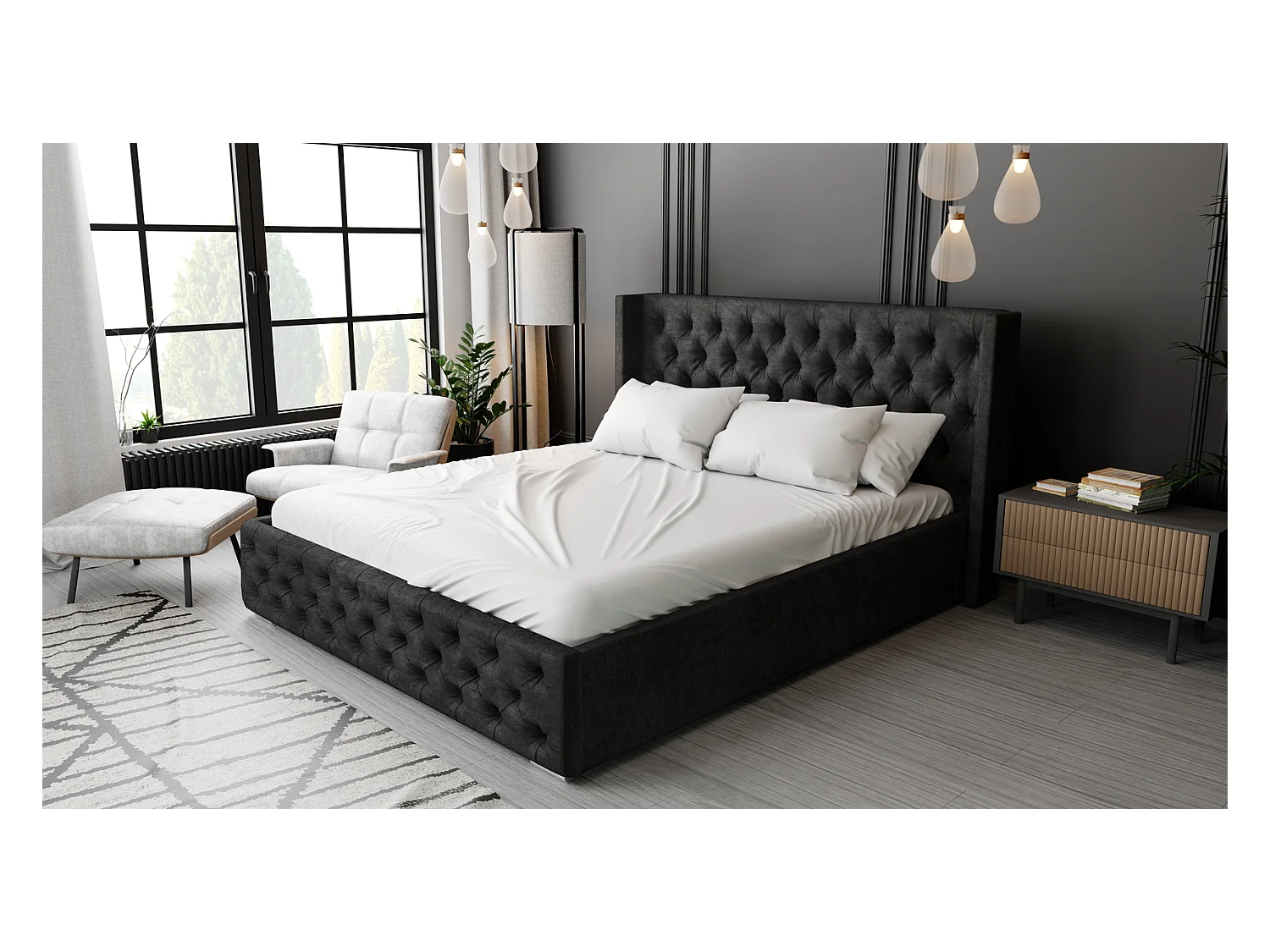 Emporius Lit adulte 180x200 Rolia - Lit double, capitonné - sommier à lattes, rangement, tête de lit - Velvet Noir (Kronos 07)