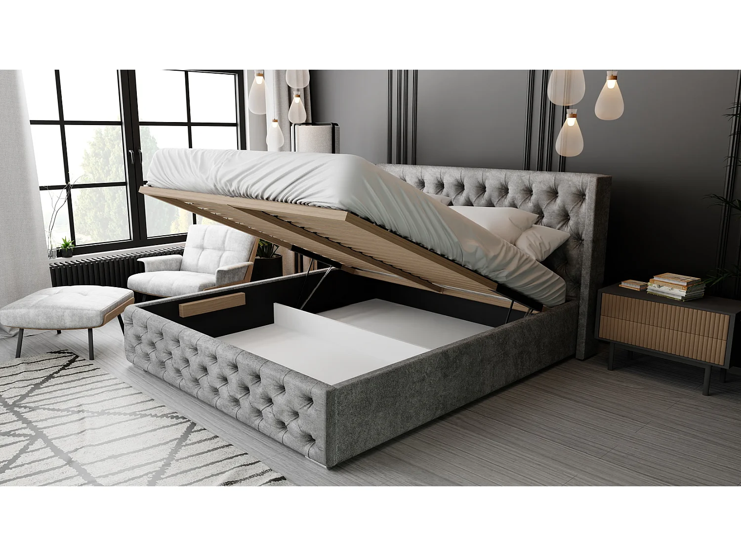 Emporius Lit adulte 180x200 Rolia - Lit double, capitonné - sommier à lattes, rangement, tête de lit - Velvet Noir (Kronos 07)