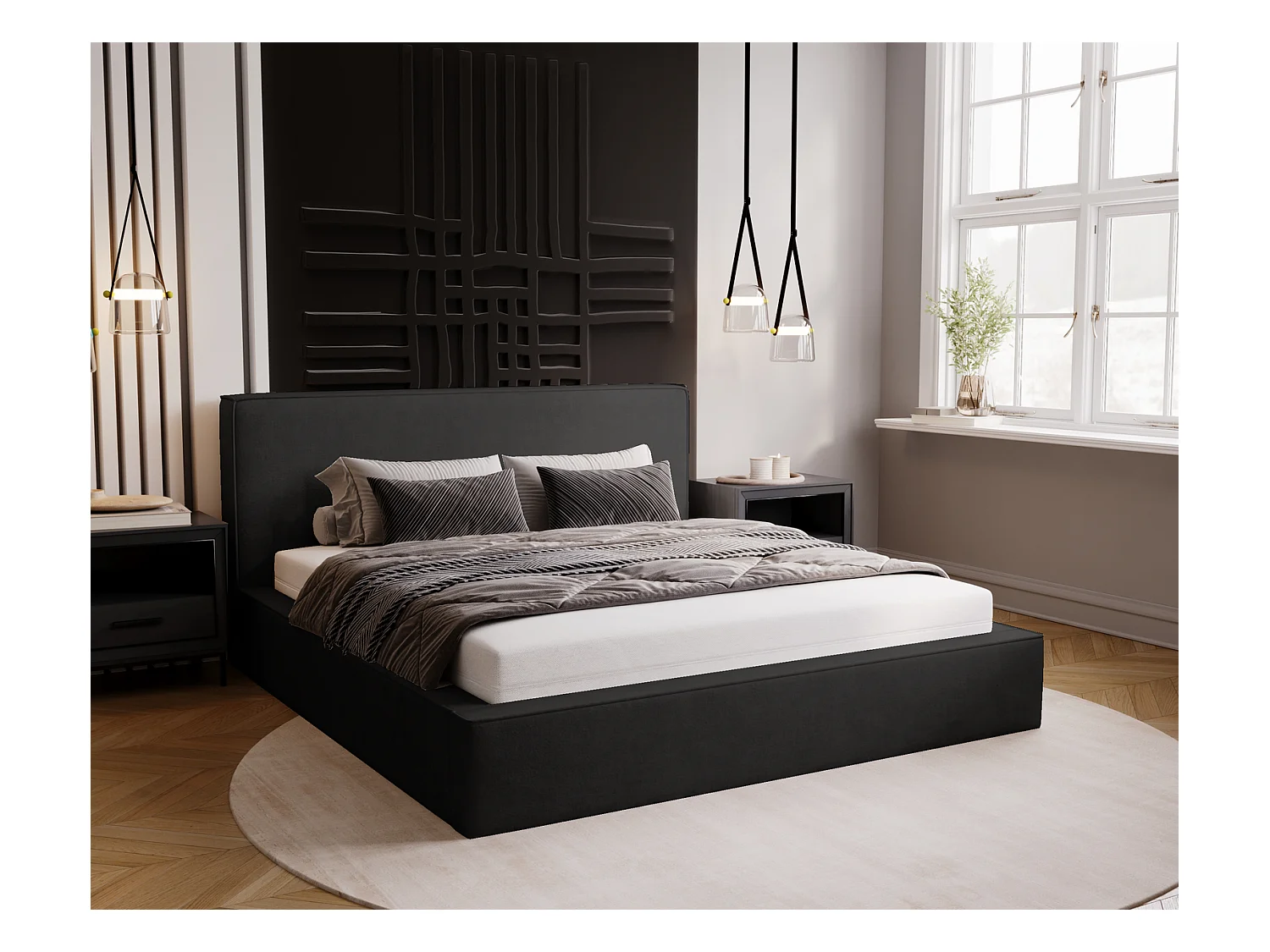 Emporius Lit double, lit adulte avec Rangement 200x200 cm Amare - Velour Noir (Komodo 23)