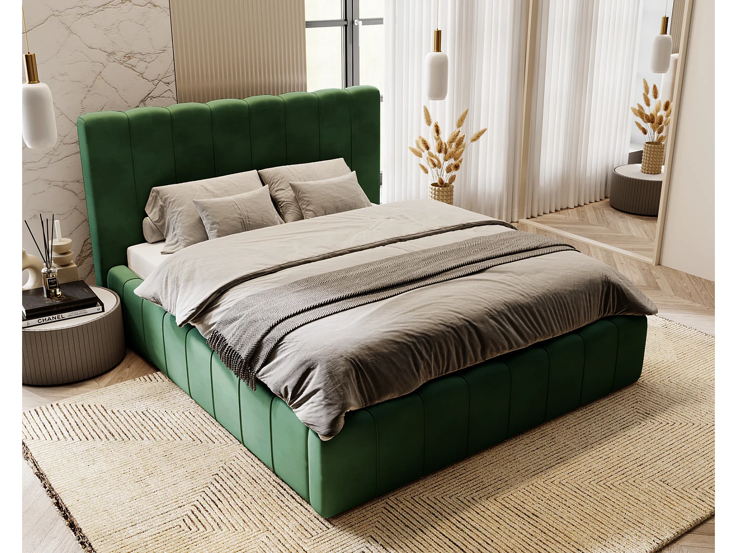 Emporius Lit Capitonné 200x200 Lisbon - Lit avec Sommier à Lattes, Rangement, Tête de Lit - Lit double velvet Vert (Magic Velvet 2225)