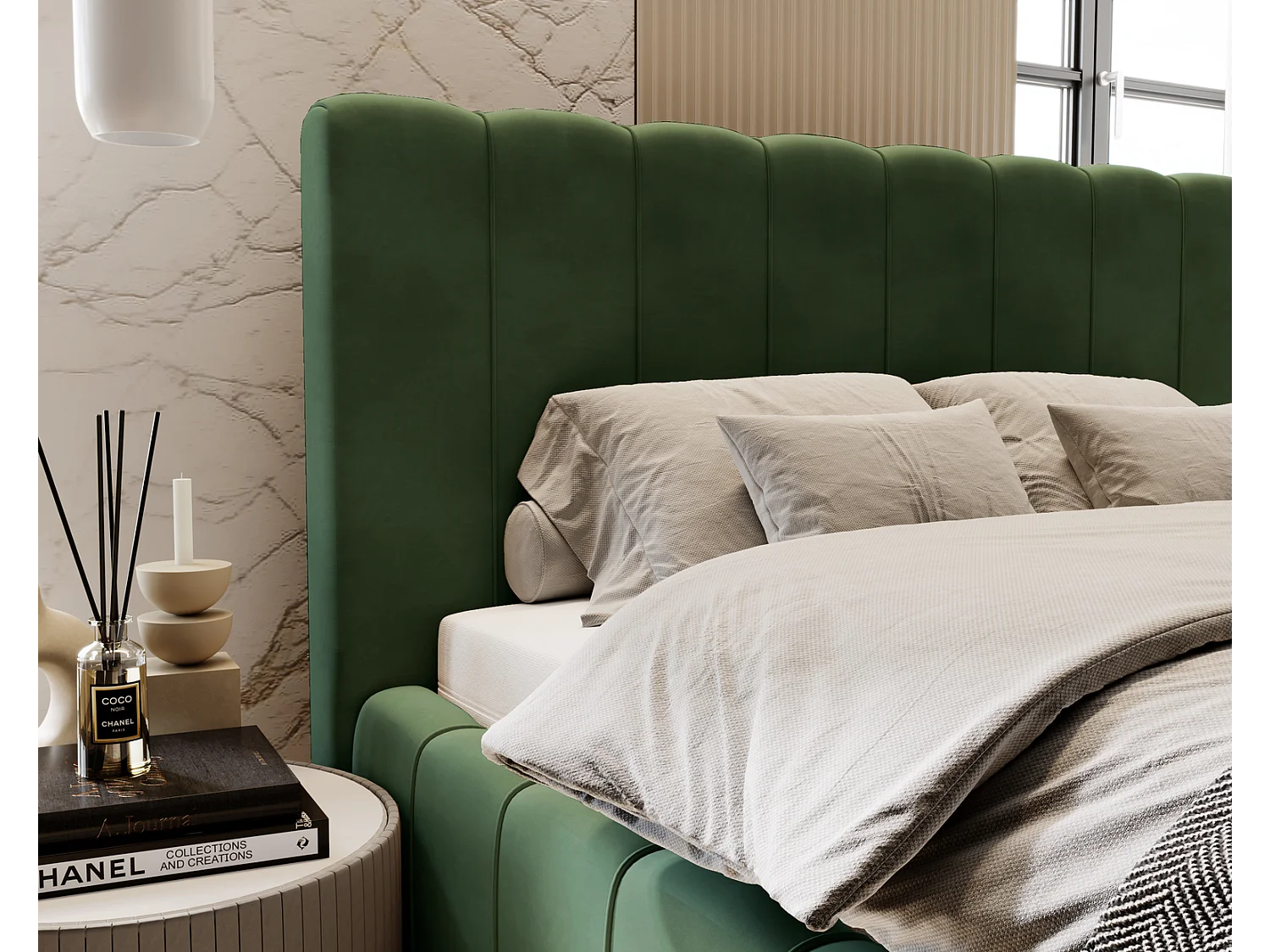 Emporius Lit Capitonné 200x200 Lisbon - Lit avec Sommier à Lattes, Rangement, Tête de Lit - Lit double velvet Vert (Magic Velvet 2225)