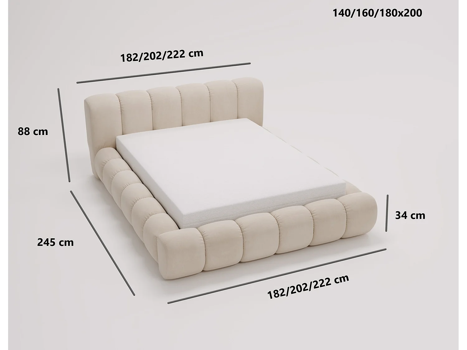 Emporius gestoffeerd bed 160x200 Cloud - Gestoffeerd Hoofdeinde, Lattenbodem, Opbergruimte - Tweepersoonsbed Fluweel - Beige (Jupiter 11)
