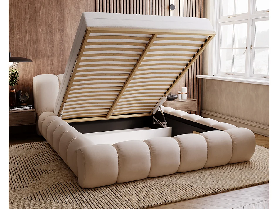 Emporius Lit avec sommier 160x200 Cloud - Lit rembourré, Lit adulte - Lit double avec Rangement, tête de lit - Velvet Beige (Jupiter 11)