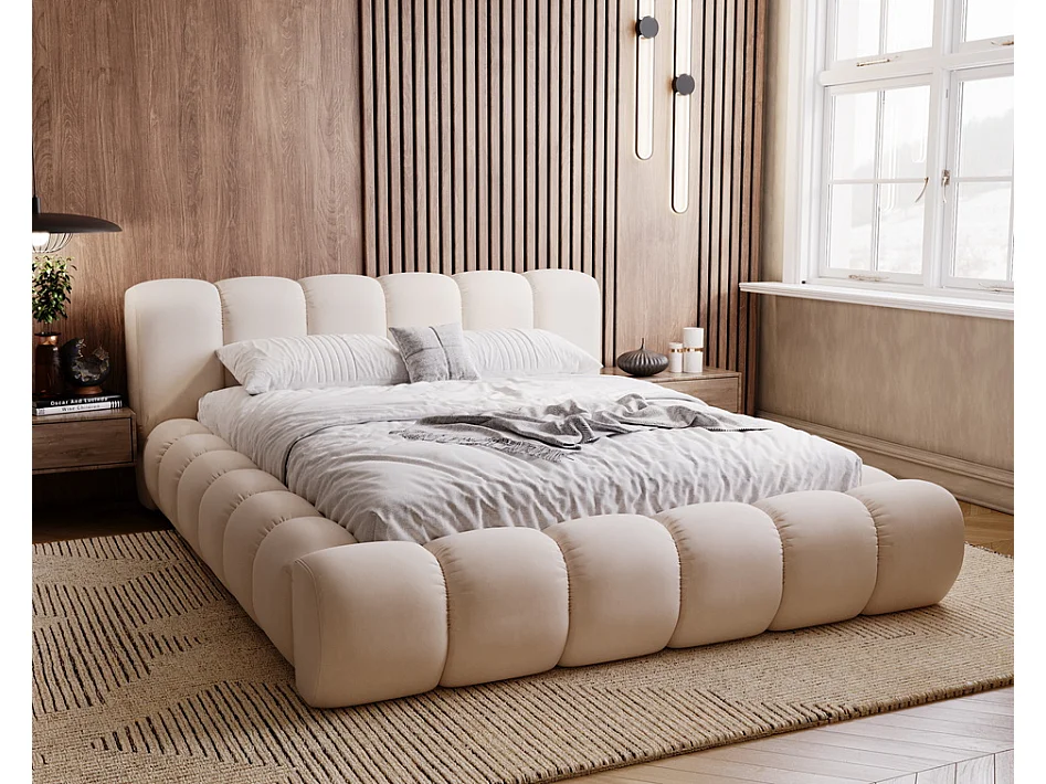 Emporius Lit avec sommier 160x200 Cloud - Lit rembourré, Lit adulte - Lit double avec Rangement, tête de lit - Velvet Beige (Jupiter 11)
