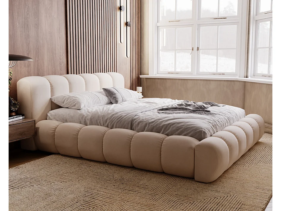 Emporius Lit avec sommier 160x200 Cloud - Lit rembourré, Lit adulte - Lit double avec Rangement, tête de lit - Velvet Beige (Jupiter 11)