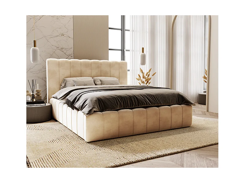 Emporius Lit Capitonné 200x200 Lisbon - Lit avec Sommier à Lattes, Rangement, Tête de Lit - Lit double velvet Beige (Magic Velvet 2201)