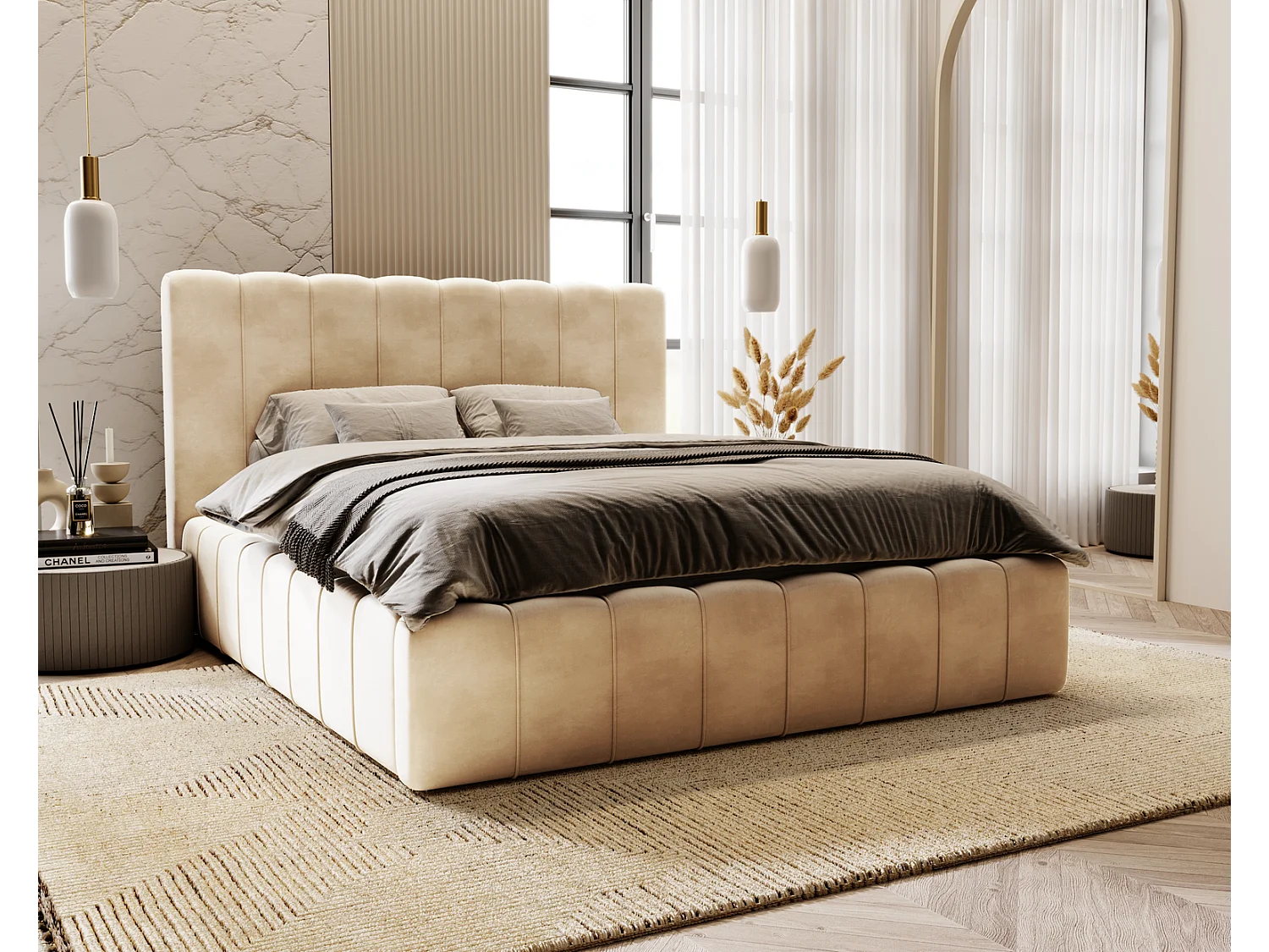 Emporius Gestoffeerd Bed 200x200 Lisbon - bed met opbergruimte, Tweepersoonsbed - Slaapkamer, Tienerkamer - Fluweel Beige (Magic Velvet 2201)