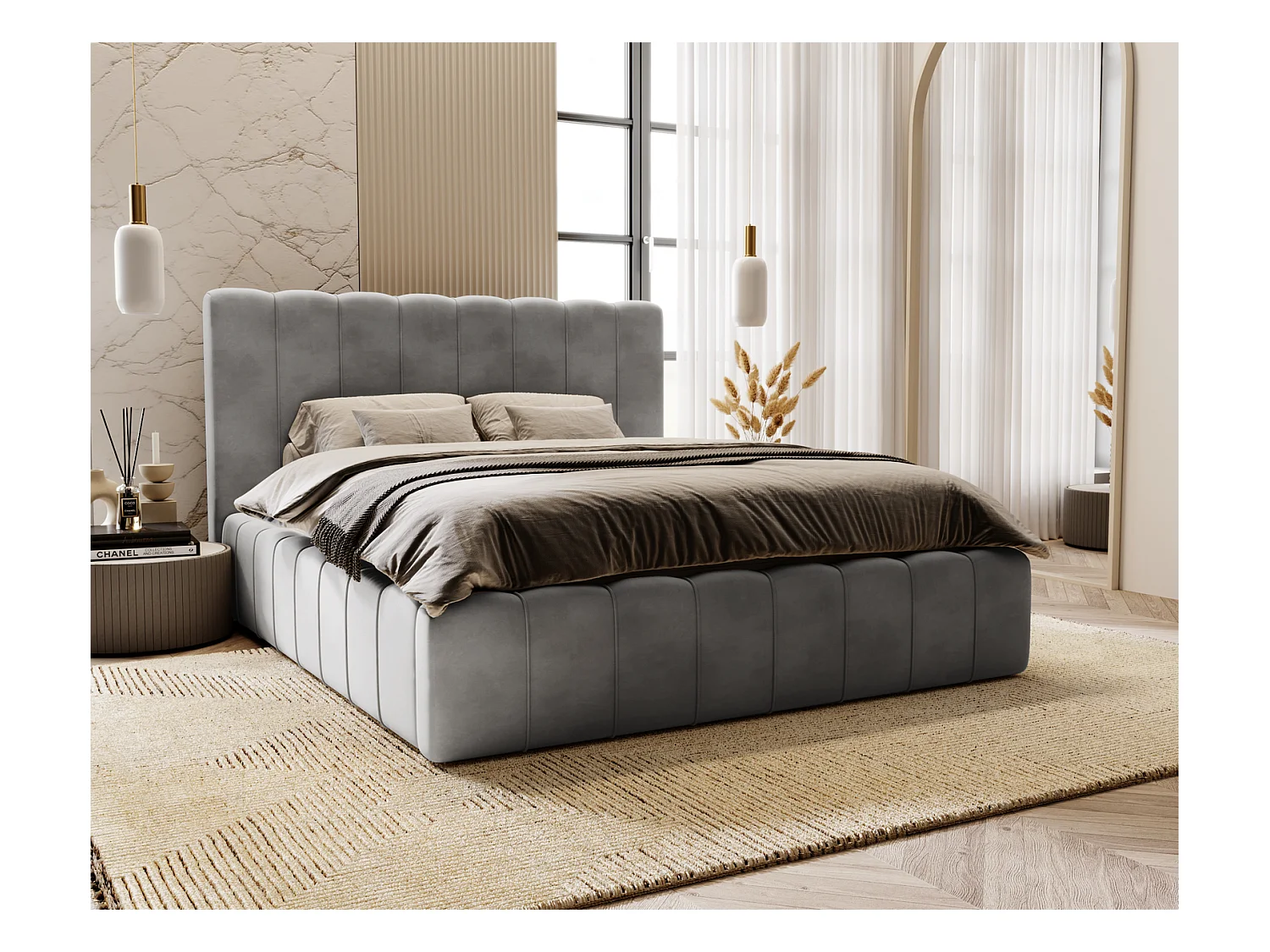 Emporius Lit Capitonné 200x200 Lisbon - Lit avec Sommier à Lattes, Rangement, Tête de Lit - Lit double velvet Gris (Magic Velvet 2217)