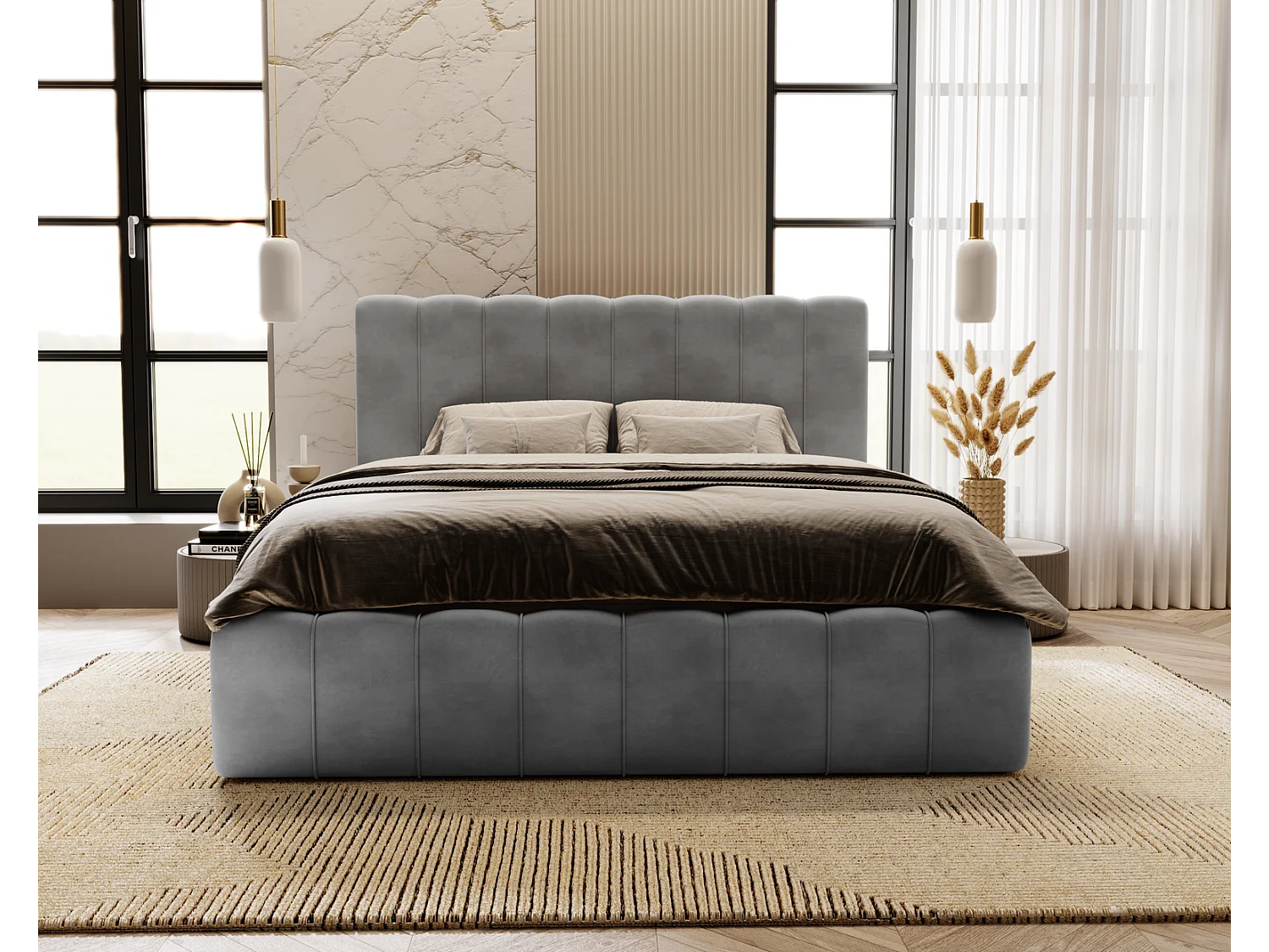 Emporius Gestoffeerd Bed 200x200 Lisbon - bed met opbergruimte, Tweepersoonsbed - Slaapkamer, Tienerkamer - Fluweel Grijs (Magic Velvet 2217)