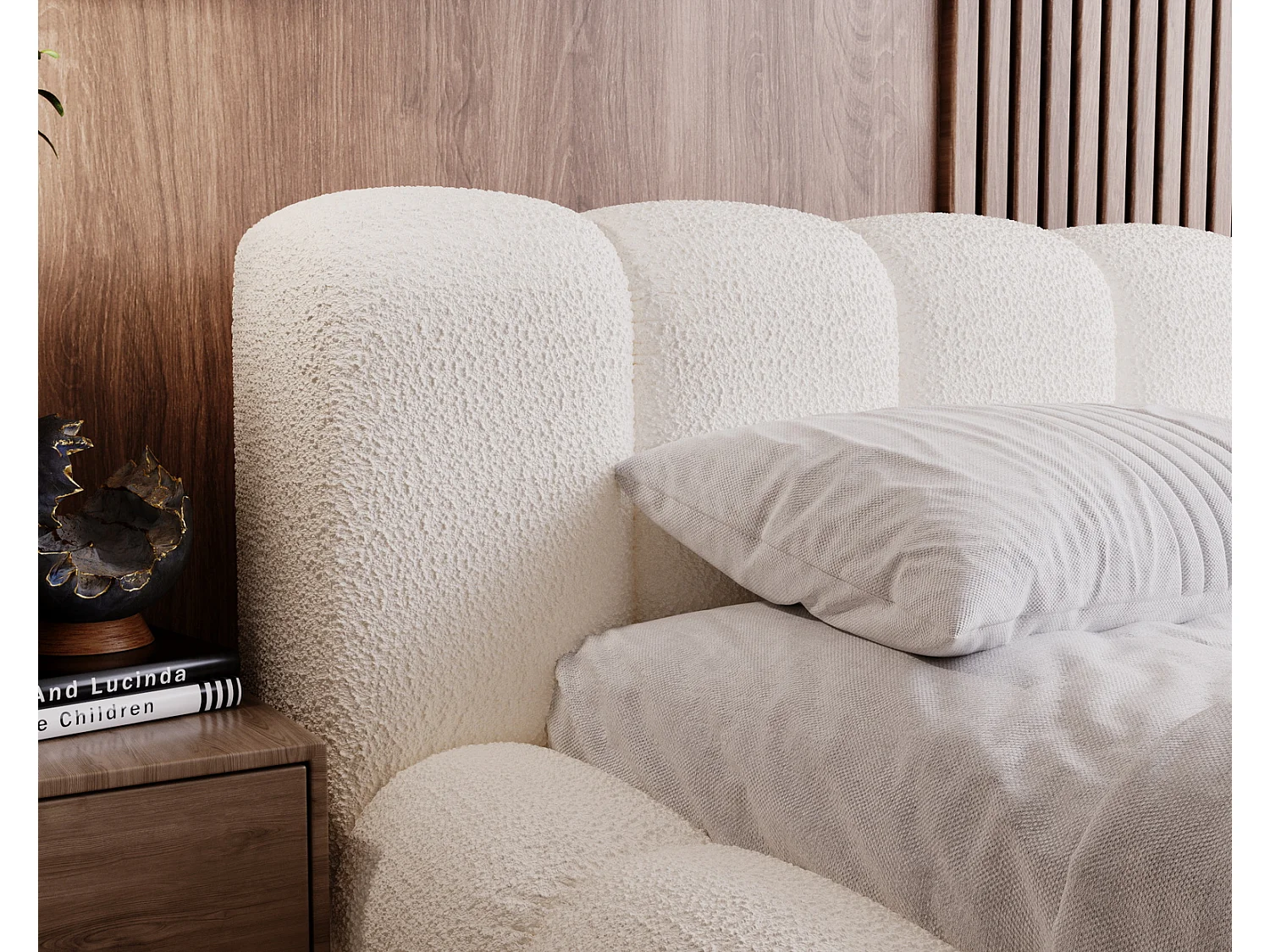 Emporius Lit Rembourré avec Rangement 180x200 Cloud -  Lit coffre, Sommier à Lattes - Lit adulte, Lit double 180x200, tissu bouclé - Crème (Anthology 1)