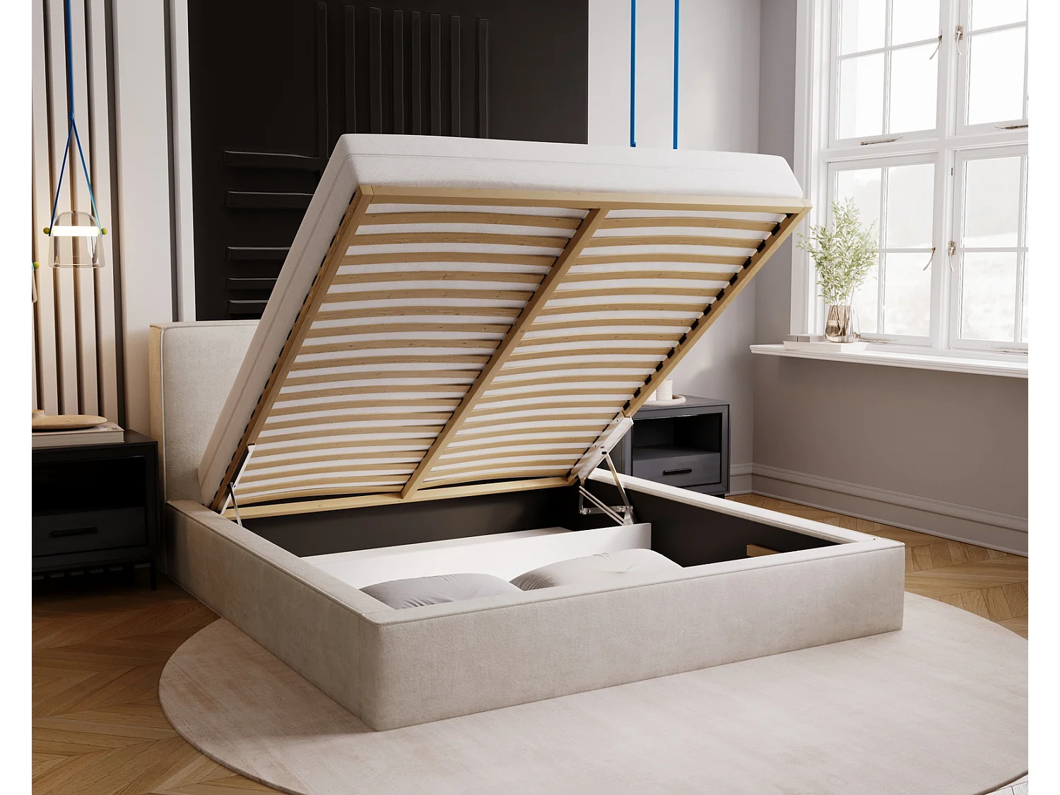 Emporius Lit double, lit adulte avec Rangement 200x200 cm Amare - Velour Gris clair (Komodo 20)