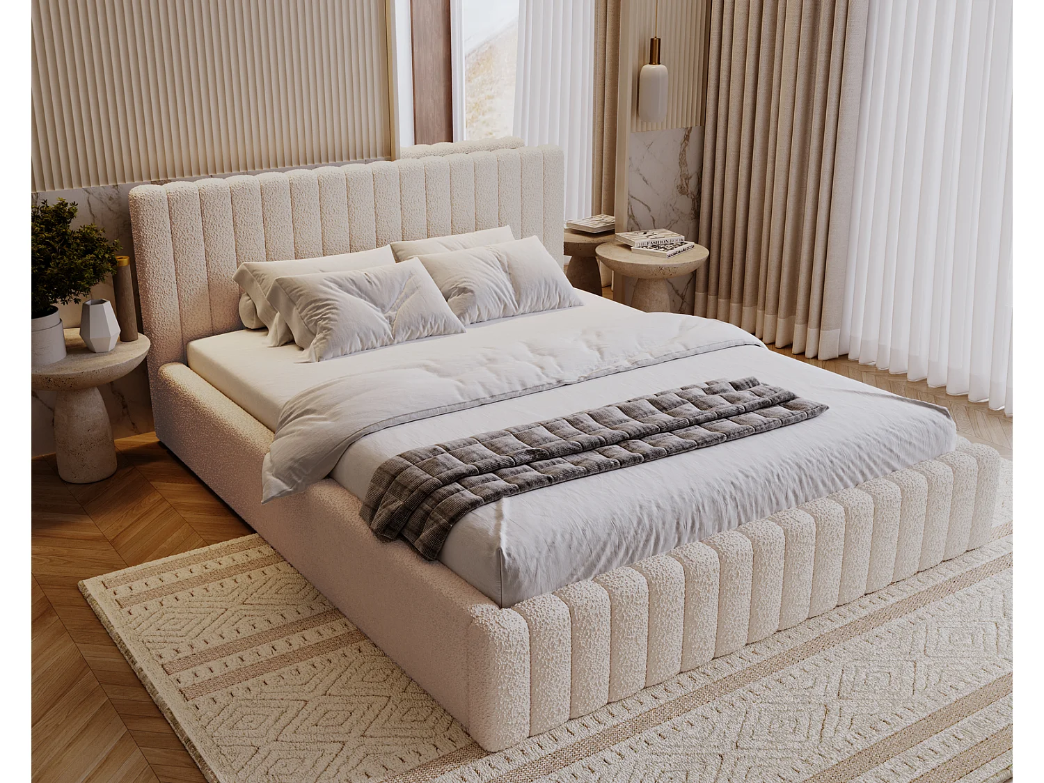 Emporius Polsterbett 160x200 cm Billo - Doppelbett mit Lattenrost und Kopfteil - Stauraum, Bettzeugkasten, Bettkasten - Boucle Creme (Anthology 1)