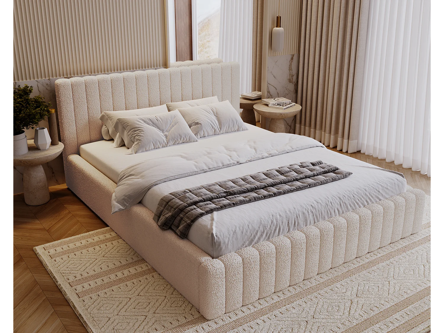 Emporius Gestoffeerd Bed 160x200 Billo - Lattenbodem, Opbergruimte, Beddengoedbox, Hoofdeinde, Bedframe - Tweepersoonsbed - Boucle Crème (Anthology 1)