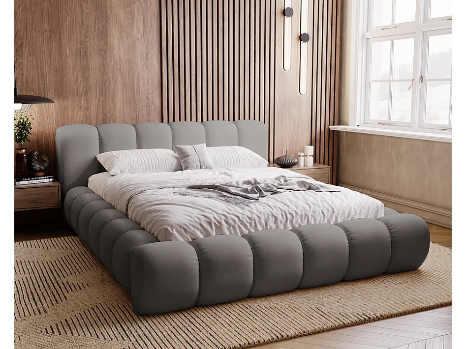 Emporius Lit avec sommier 140x200 Cloud - Lit rembourré, Lit adulte - Lit double avec Rangement, tête de lit - Velvet Gris foncé (Jupiter 22)