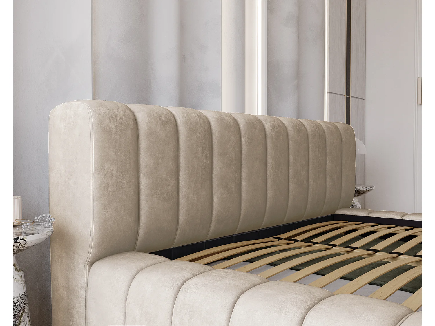 Emporius Lit avec Rangement 140x200cm Como, Lit capitonné, Lit adulte  - Mousse épaisse, tissu Velvet Beige (Whisper 2)